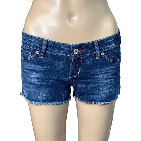 Levis Womens Denim Blue Jean Shorts Star Print Raw Hem Shorty Short Size 0 - Picture 2 of 10